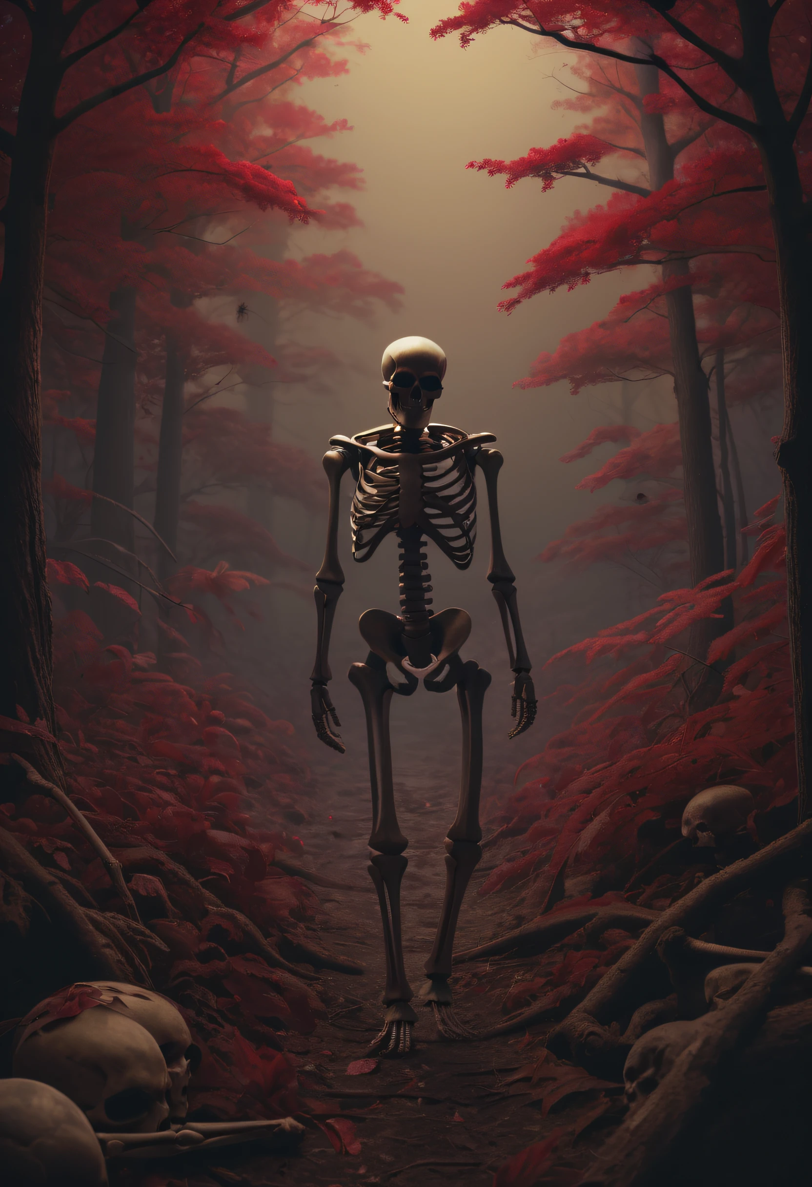 Best Quality、masutepiece、8K、(skeletal、dead body、(Bloods、cloudiness))、the woods、Bog