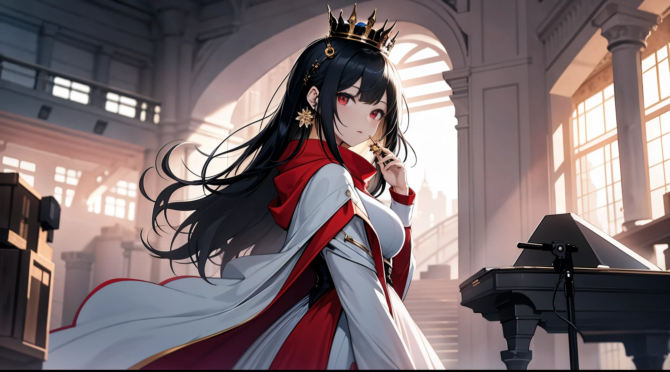 ((tmasterpiece:1.4, Best quality at best))+, (hyper-detailing)+, (exquisite red eye:1.5)+, (Detailed ears:1.5), (Cute girllack party dress:1.5),(White stockings:1.5), red shawl, Long hair details,side pony tail,Golden Crown,(White flowers:1.2), pale-skinned, (red cloth:1.5), (gold earring:1.5),(singers:1.1), concert,karaoke,White statue,(dawn light:1.2), , (closeup cleavage:1.1), the only person, shiny black hair, Gloom (Expressing the), from back, topmost, Best quality at best, A high resolution, high detal, high high quality, 16k