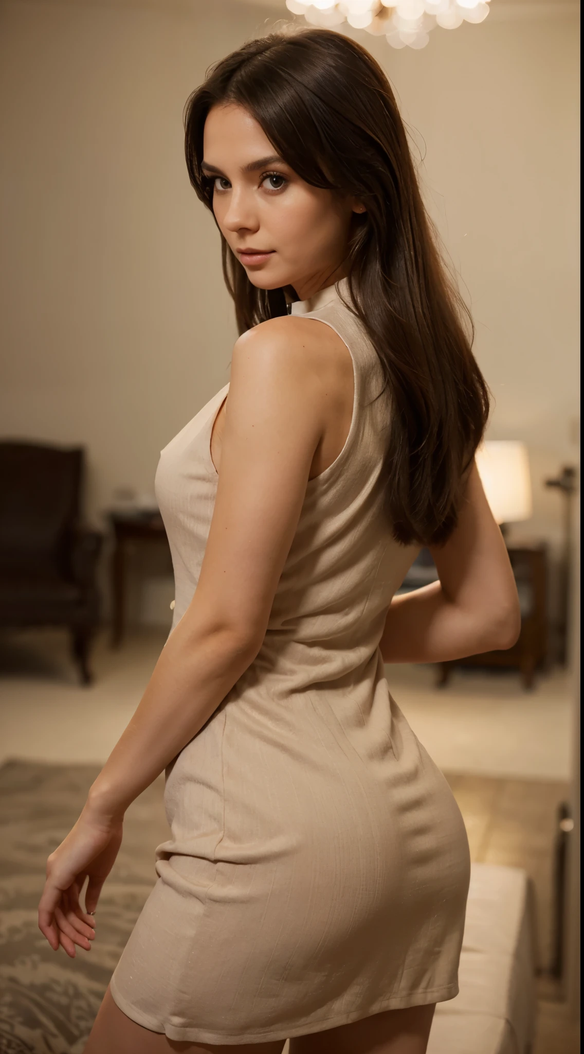 Sleeveless high-neck dress, brunette, elegant pose, soft lighting, candid expression, bokeh background, high resolution, butt