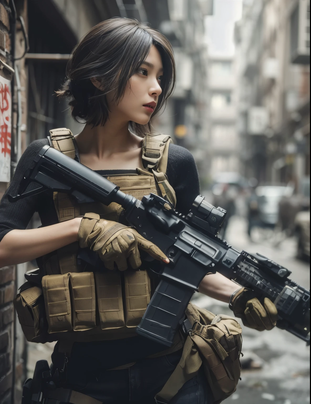 Photorealsitic、Realistic skin textures、automatic rifle、rubble