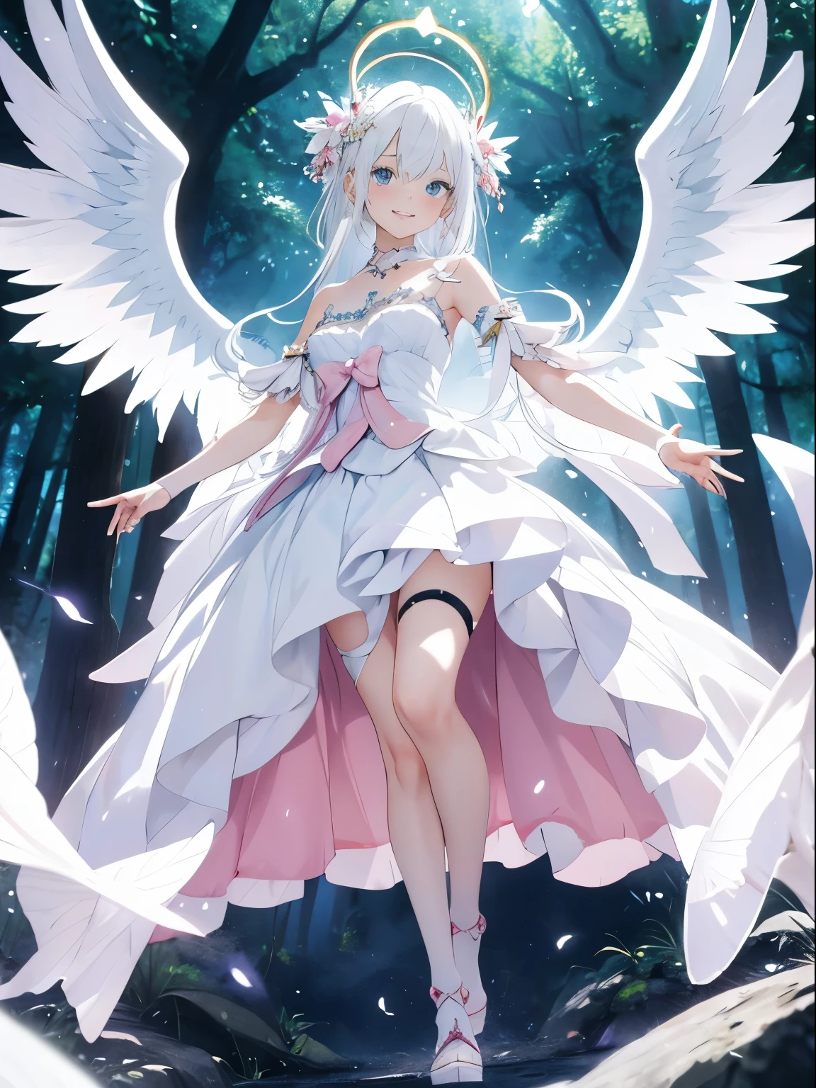 (masterpiece, top-quality, Ultra high definition image quality、1girl in, white hair, angelicales, Innocent), Pink detailed eyes, 大きくて美しいangelicalesの羽, full body Esbian, Arms behind, mid air, The halo, the woods, Healthy smile、Mysterious Beauty、Beauty that captivates the heart、美しい神のangelicales、