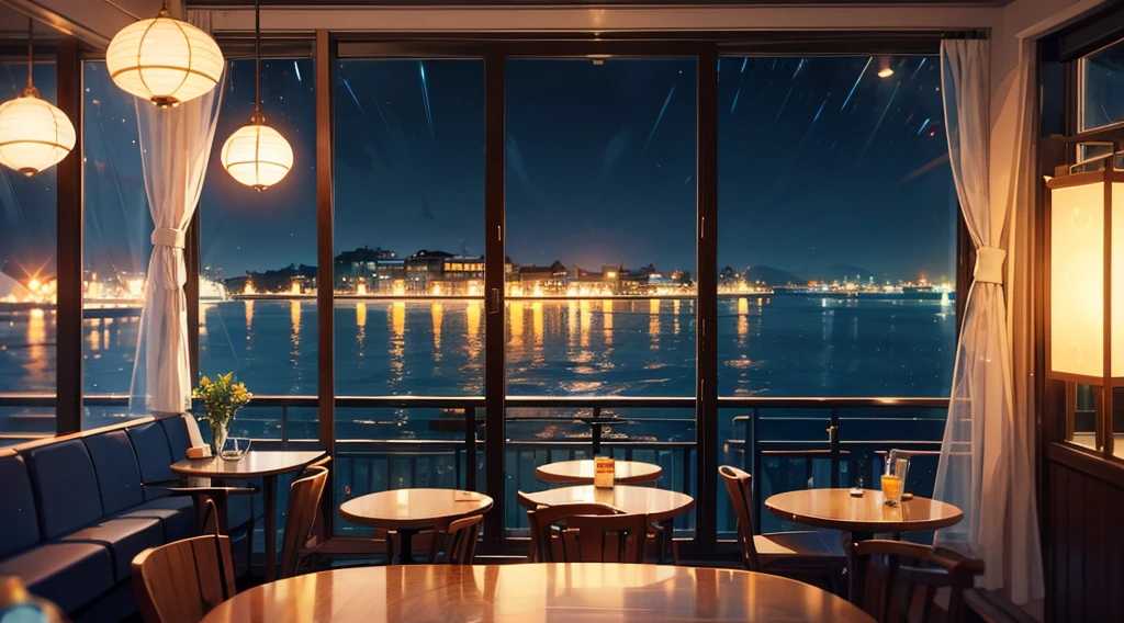 inside the seaside cafe, night time, rain outside the window, star shaped lighting
