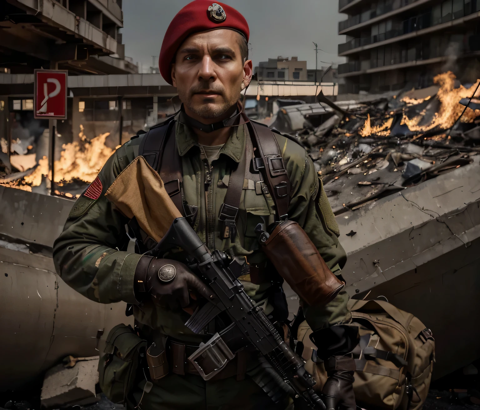 Soldado masculino, Cara alemana, pronto, Boina Roja, Uniforme militar, chaqueta antibalas, lleva armas en la espalda, ammunition belts, Manos con guantes de cuero, He is in a completely destroyed city, humo, mucho fuego, Ultra detallado, hyper realista, 4k, Ultra detallado image, realista, Altamente detallado, perfect composition, splendid, Intrincadamente detallado, Incredibly detailed, 8K fine art photography, hiper detallado, Obra maestra