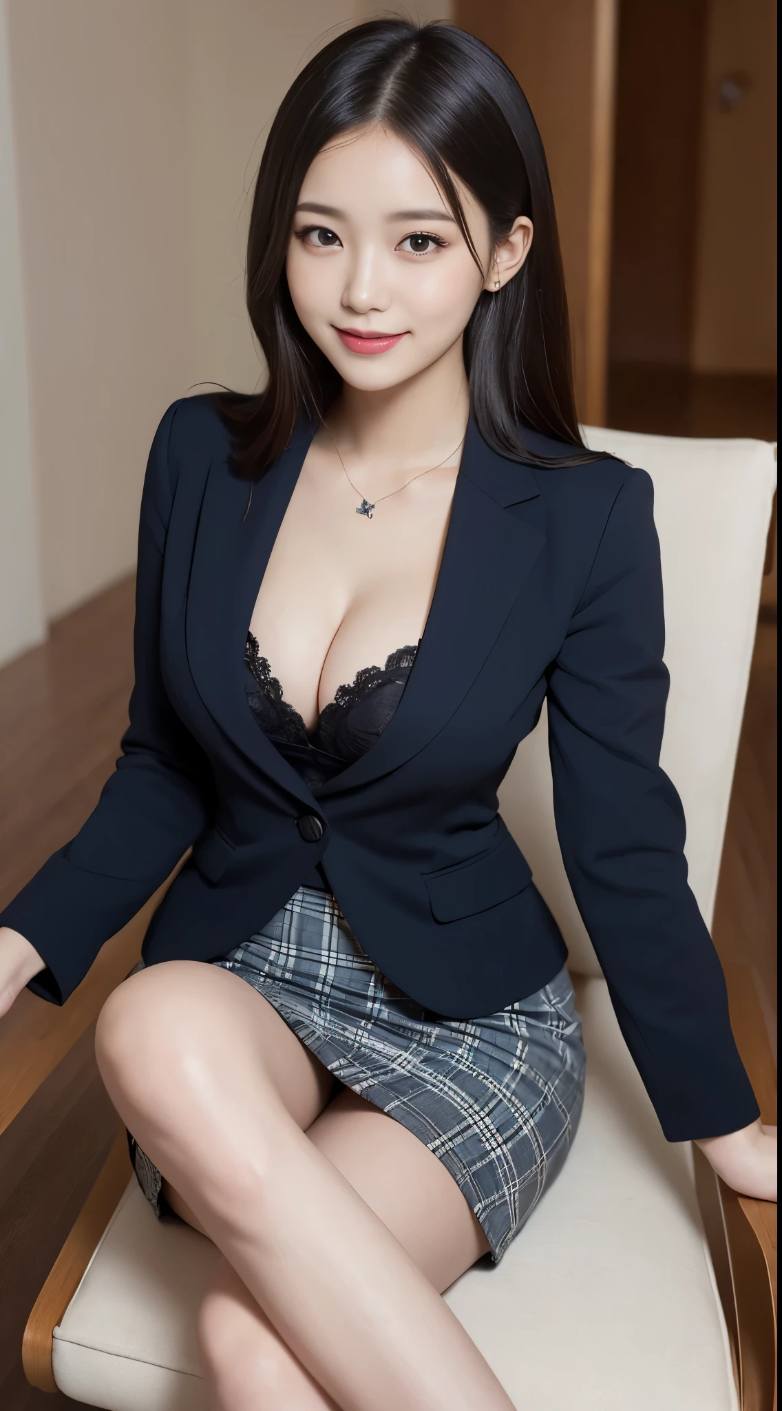masutepiece, Best Quality, Illustration, Ultra-detailed, finely detail, hight resolution, 8K Wallpaper, Perfect dynamic composition, Beautiful detailed eyes, Business suits,Mini skirt、Medium Hair, Colossal tits:1.2, Natural Color Lip, Sit on a chair and cross your legs,Smile、25 year old girl