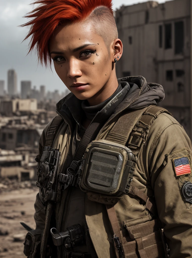a close up portrait photo of 23 y.o woman in dirty wastelander clothes, survivor, war, postapocalyptic, red hair, mohawk, military haircut, paratrooper gear, special forces, scarred dirty face, filipina, mixed, asian features, asian eyes, bandolier, ammo, canteen, ammo pouch, knife, holster, tech jacket, walkie talkie, torn tank top underneath, light brown skin, slim body, piercing eyes, tank commander, background is city ruins, gritty post-apocalyptic background, (high detailed skin:1.2), 8k uhd,dslr,soft lighting,high quality