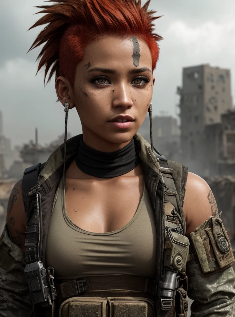 a close up portrait photo of 23 y.o woman in dirty wastelander clothes, survivor, war, postapocalyptic, red hair, mohawk, military haircut, paratrooper gear, special forces, scarred dirty face, filipina, mixed, asian features, asian eyes, bandolier, ammo, canteen, ammo pouch, knife, holster, tech jacket, walkie talkie, torn tank top underneath, light brown skin, slim body, piercing eyes, tank commander, background is city ruins, gritty post-apocalyptic background, (high detailed skin:1.2), 8k uhd,dslr,soft lighting,high quality