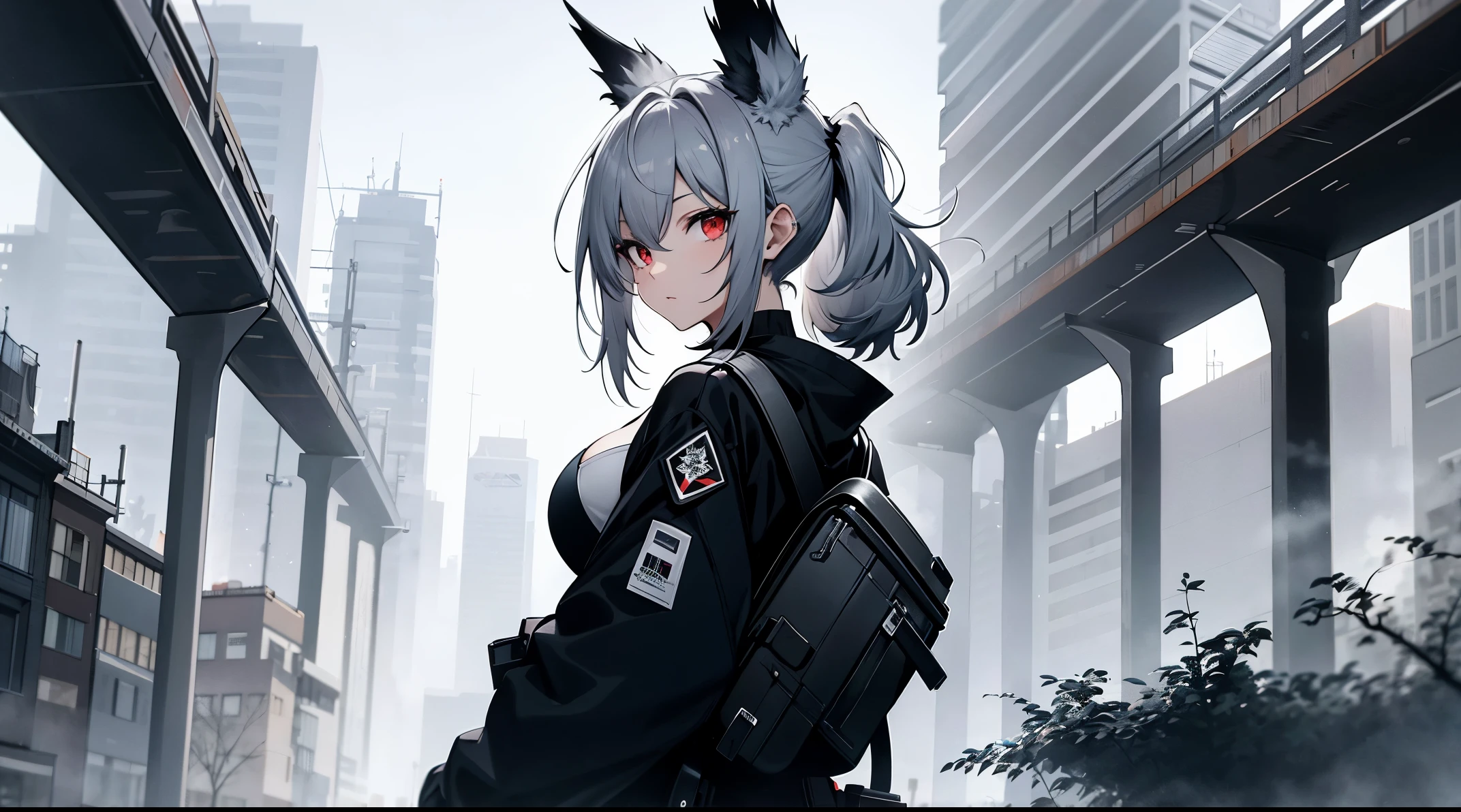 ((tmasterpiece:1.4, Best quality at best))+, (hyper-detailing)+, (exquisite red eye:1.5)+, (Detailed ears:1.5), (cute girls), (Tight white silk:1.5), Tight white silk, Long hair details,side pony tail,no headwear,(Black flowers:1.2), pale-skinned, (gray cloth:1.5), (Black Martin boots:1.4), Towering trees in the city,Surrounded by huge black trees, The whole city is shrouded in thick fog,Mechanicalweapon, Construction machinery,Giant black crystals are scattered throughout the city,Looking up at tall buildings from the street,Flying dust,black flag,Dragon in the clouds,(Wanderers:1.1), (dawn light:1.2), ), (closeup cleavage:1.1), the only person, bright gray hair, Gloom (Expressing the), from back, from the above, Best quality at best, A high resolution, high detal, high high quality, 16k