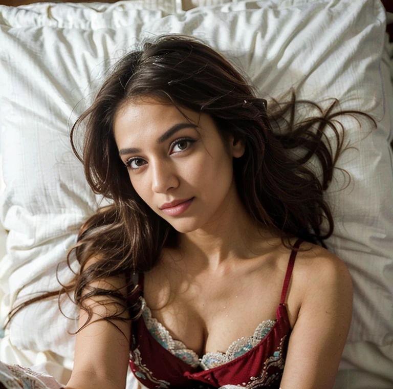 (Best quality, Ultra-detailed, Masterpiece:1.5), photograph of a beautiful pakistani woman laying on her back. The woman should have a flawless, highly detailed face with soft, luminous skin. Her long hair should be naturally brown and stylishly arranged. (Perfect Eyes:1.2), double eyelids, photo-realistic:1.5), 8K UHD, high budget, modest style, pajamas, expressive eyes, vibrant smile, Good shadows, graceful pose, selfie