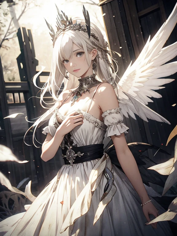 Cyborg, Girl, Beautiful girl, Cute, Sexy, Strong, Slender, Delicate, Smile, (Lolita costume), High legs, Metallic, ultra color, paisley, Headgear, mandalas, Near future, Heaven, angel, feater, wing, Helix lamp
