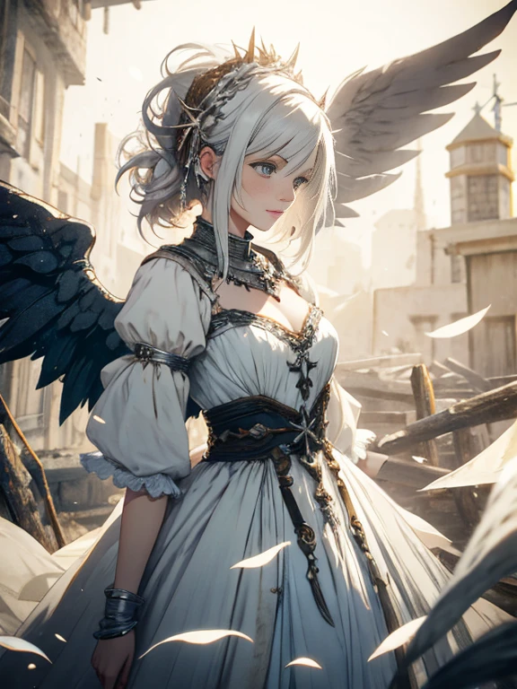Rustic core, contest winner, pixiv, Hate the white-haired woman with wings and jewels on her head and chest, She wears a white dress with silver wings and a silver collar, (charlie bowater:0.158) , (:0.07 Personality characteristics:0.265) , (fantasy art of white gloves:0.457) and seaweed, Extremely beautiful, analytical art, 8K, Best Quality, Daygro Orange Dust Particles(Daygro Orange Dust Particles), Digital SLR, Anaglyph effect