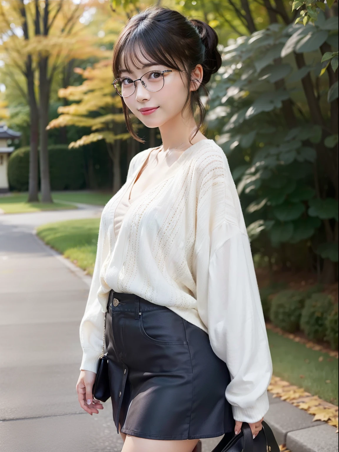 in 8K,Best Quality:1.4, 超A high resolution:1.5, (Photorealistic:1.4),masterpiece:1.2,(top-quality:1.4)、 Raw photo、Japan girls in casual clothes、Hi-Res、The ultra-detailliert、natural skin textures:1.3, realistic eyes and face details:1.7、nogizaka, cute face、30-years old:1.2、thighs thighs thighs beautiful legs、Textured skin:1.2 、 (Shy smile:1.2)、Medium chest、Black eyes with beautiful details、(Casual clothing:1.2)、FULL BODYSHOT、Colored leaves、a miniskirt:1.2、is standing、autumnal、(Park on the hill)、frontage、Ponytail hair、Black-rimmed glasses