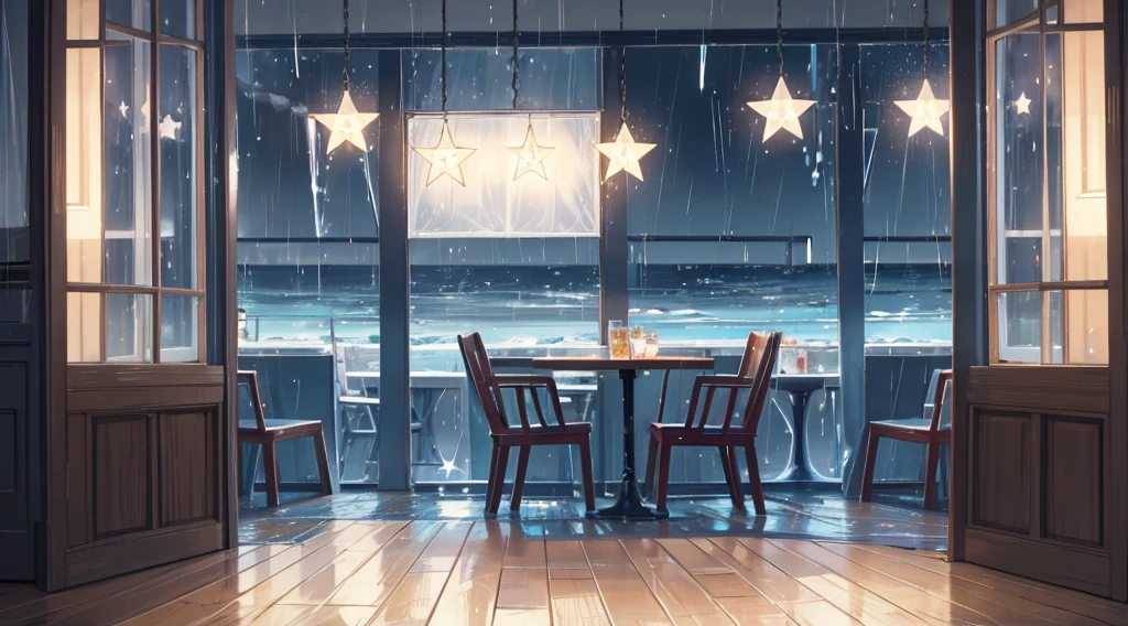 inside the seaside cafe, night time, rain outside the window, star shaped lighting