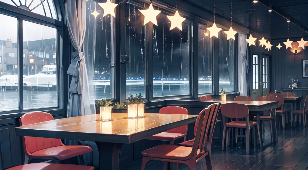 inside the seaside cafe, night time, rain outside the window, star shaped lighting