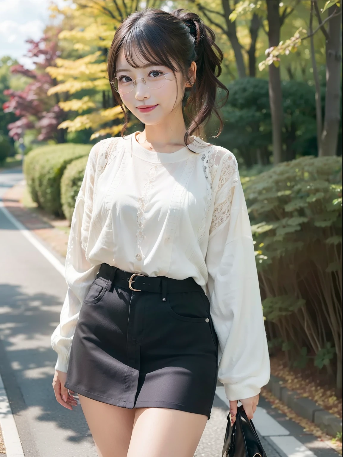in 8K,Best Quality:1.4, 超A high resolution:1.5, (Photorealistic:1.4),masterpiece:1.2,(top-quality:1.4)、 Raw photo、Japan girls in casual clothes、Hi-Res、The ultra-detailliert、natural skin textures:1.3, realistic eyes and face details:1.7、nogizaka, cute face、30-years old:1.2、thighs thighs thighs beautiful legs、Textured skin:1.2 、 (Shy smile:1.2)、Medium chest、Black eyes with beautiful details、(Casual clothing:1.2)、FULL BODYSHOT、Colored leaves、a miniskirt:1.2、is standing、autumnal、(Park on the hill)、frontage、Ponytail hair、Black-rimmed glasses