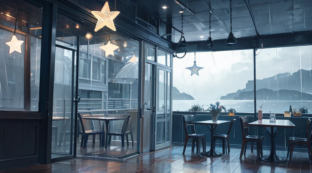 inside the seaside cafe, night time, rain outside the window, star shaped lighting