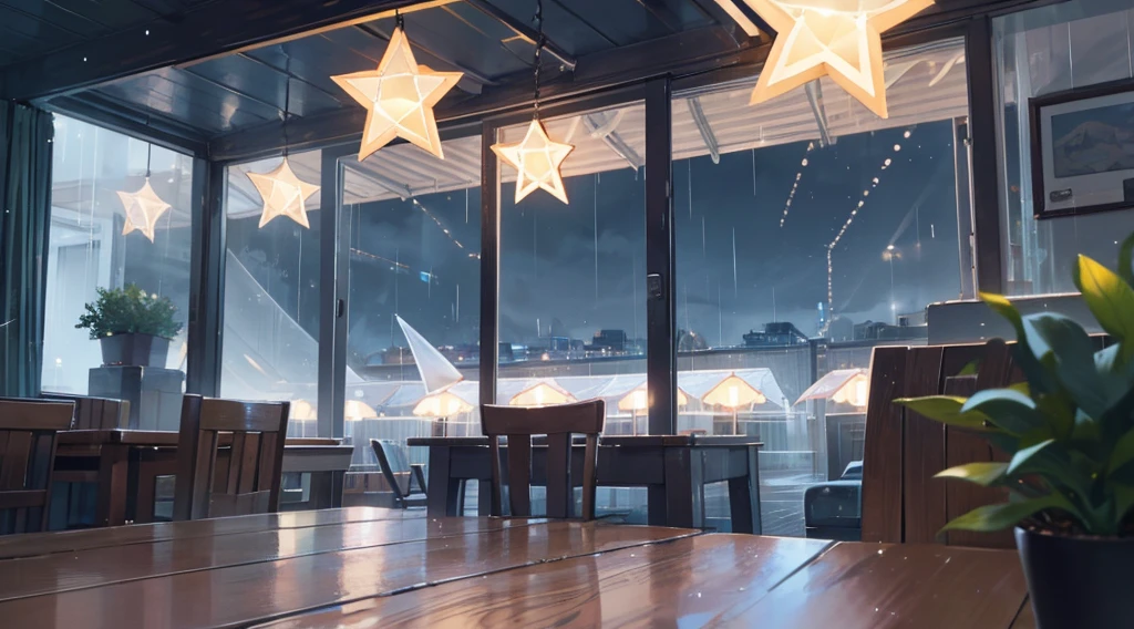inside the seaside cafe, night time, rain outside the window, star shaped lighting