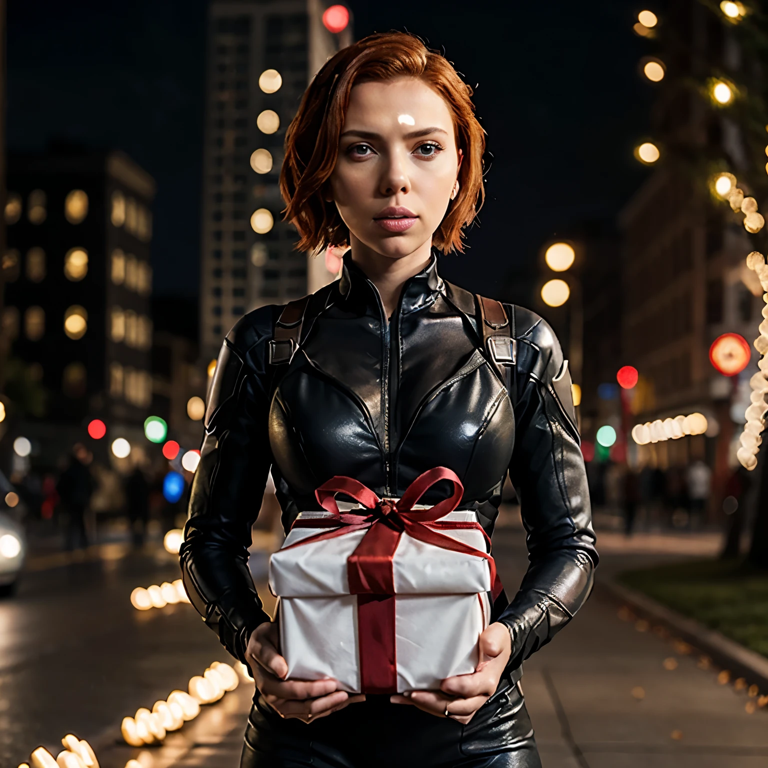 Black widow, Scarlet johansson, Classic uniform of Marvel furniture of Black widow character  , Delivering a gift package, city with Christmas light blurred background, 8k, RAW, ultra realistic, happy eyes