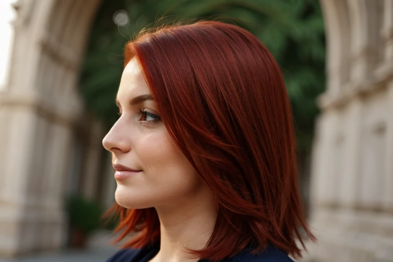 mulher europeia, 25 anos, profile position, alegre, background branco, medium red hair