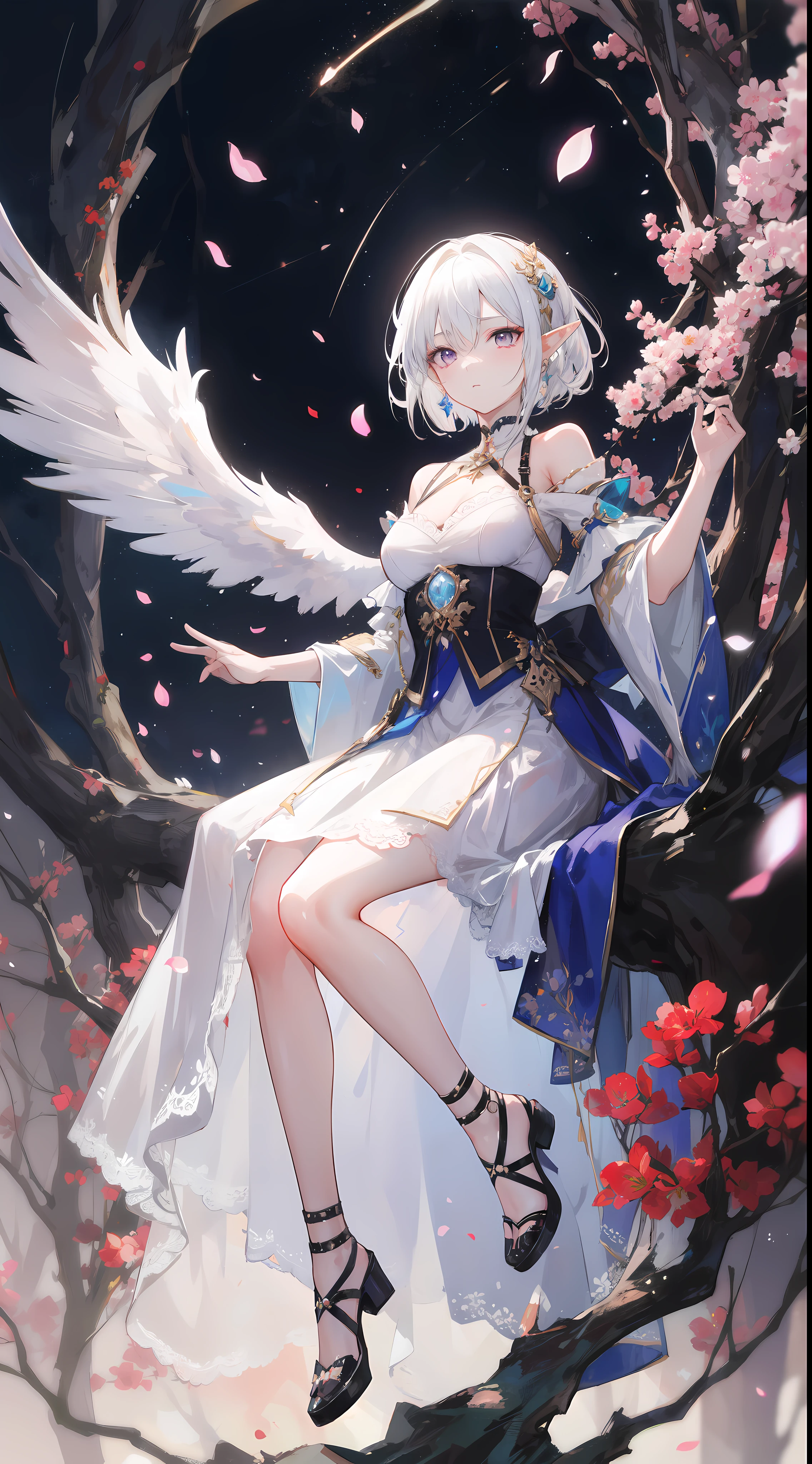 ((masterpiece, best quality)), official art, unity 8k wallpaper, ultra detailed, In a realm of enchantment, within a magical forest, A mysterious angel elf girl appears, a radiant being adorned in gossamer threads of moonlight. Her skirt, woven from petals and stardust, shimmers with an iridescent glow, reflecting the celestial canopy above. Flowering trees々As she flutters her wings in the midst of sparkling fireflies, the air resonates with the ethereal symphony of nature's whispers, Creating a place where dreams and reality are intertwined,Dances that form pure charm,Mo size,Full body photo,中景 the scene is the most beautiful form of chaos, elegant, a brutalist designed, vivid colours, romanticism, by Artgerm, Wadim kashin, Kawacy, BREAK, highly detailed of (elf), (1girl), perfect face,details eye, short hair, low ponytail, Blunt bangs, (hair between eye), white hair, violet eyes, BREAK, eyelashes, eyeshadow, pink eyeshadow,