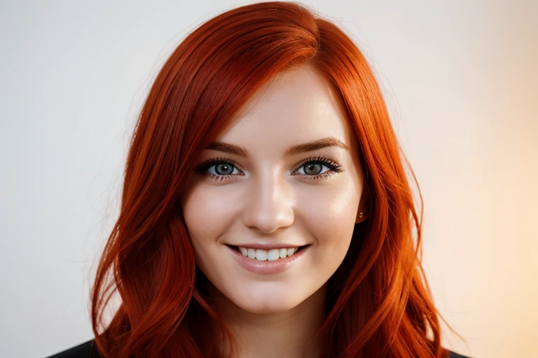 (best quality,ultra-detailed),portrait of a 25-year-old European woman in a cheerful mood, positioned sideways, with medium-length fiery red hair, against a white background, with vibrant colors and sharp focus