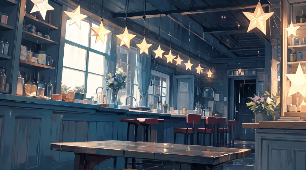 inside the seaside cafe, night time, rain outside the window, star shaped lighting