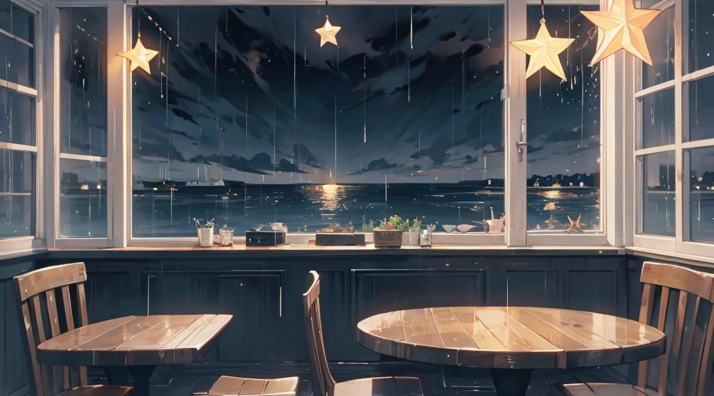 inside the seaside cafe, night time, rain outside the window, star shaped lighting