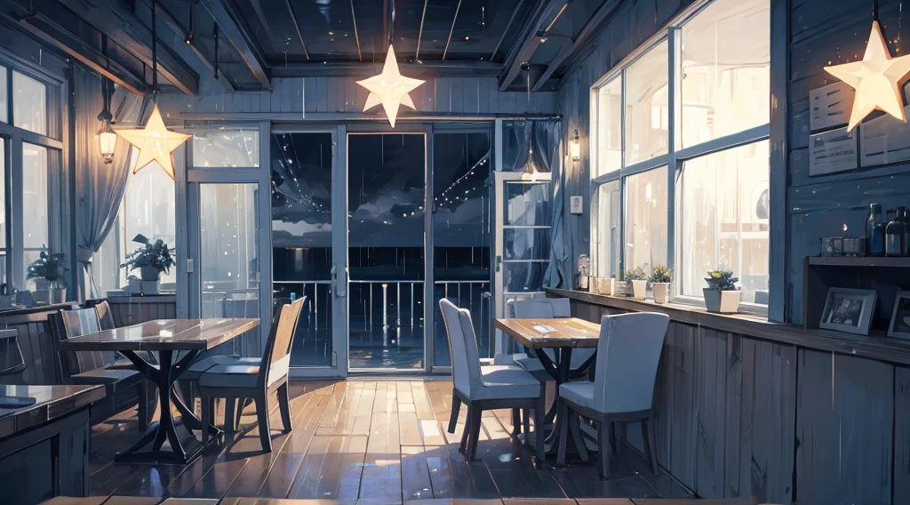 inside the seaside cafe, night time, rain outside the window, star shaped lighting