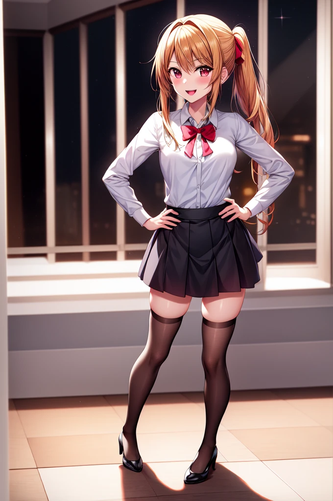anime, beautiful face, highly detailed face, 2 accurate legs detailed eyes, highly detailed background, perfect lighting, accurate arms, accurate hands, accurate fingers, full body, 1girl, solo, ruby hoshino, oshi no ko, indoors, detailed heels, black detailed thighhighs, indoors, absurdres, high res, ultrasharp, 8K, masterpiece, looking at viewer, (full body:1.4), smiling with compassion, open mouth smile, bunny ears hair accessories, office uniform, loose shirt, standing, hands on hips, body facing away from viewer, ass view, view from behind, looking over her shoulder
