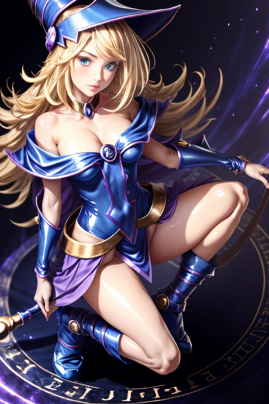 ultra-detailed, extremely detailed, masterpiece, highest quality, best quality, absurdres, highres, dark magician girl, (1girl:1.2), solo, detailed face, dynamic pose, hair flow, (full body:1.1),  blonde hair, long hair, looking at viewer, green eyes, skindentation, detailed skin, skin pores, (shiny skin, glossy skin:1.1), rosy skin details, breasts, nail polish, skirt, blue footwear, blue headwear, wizard hat, wand, holding hat, (blue panties:0.9), (summoning circle:1.1), hexagram, pentacle, pentagram, yu-gi-oh!, duel monster, purple magic field, glow, detailed background, intricate background,