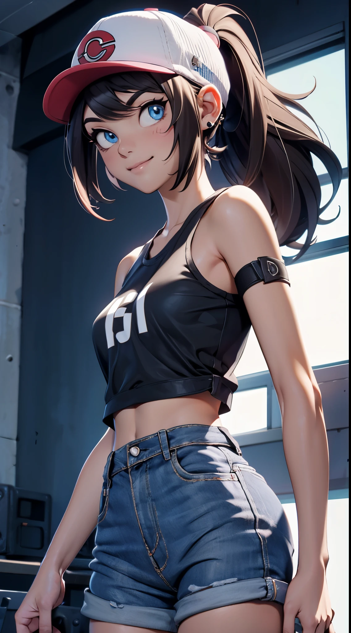 (looking at viewer:1.4), portrait, (standing:1.2),(supermodel:1.2), topless, hilda_(pokemon), 1girl, hat, denim, brown_hair, holding, baseball_cap, blue_eyes, long_hair, {{laughing}}, high_ponytail, ponytail, small_breasts, toppless, nude, big smile, (Punk rock fashion), upper body piercing, bedroom, Pokemon_style, pokemon_Characters