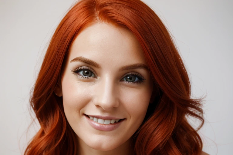 (best quality,ultra-detailed),portrait of a 30-year-old European woman in a cheerful mood, positioned sideways, with medium-length fiery red hair, against a white background, with vibrant colors and sharp focus