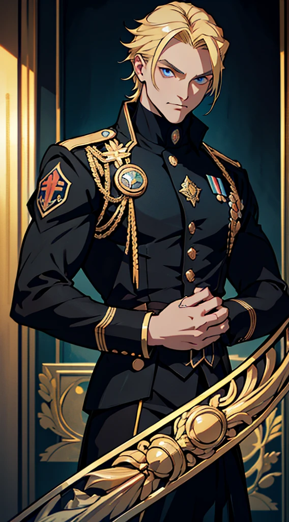 full body, black uniform, fascist style, blond hair, blue eyes, anime, Art Deco, Gothic art, anime style, anatomically correct, masterpiece, high details, high quality, beautifully detailed eyes, captivating gaze, vivid colors, skillfully executed lighting, studio lighting techniques bringing out the man's features and the overall mood of the scene