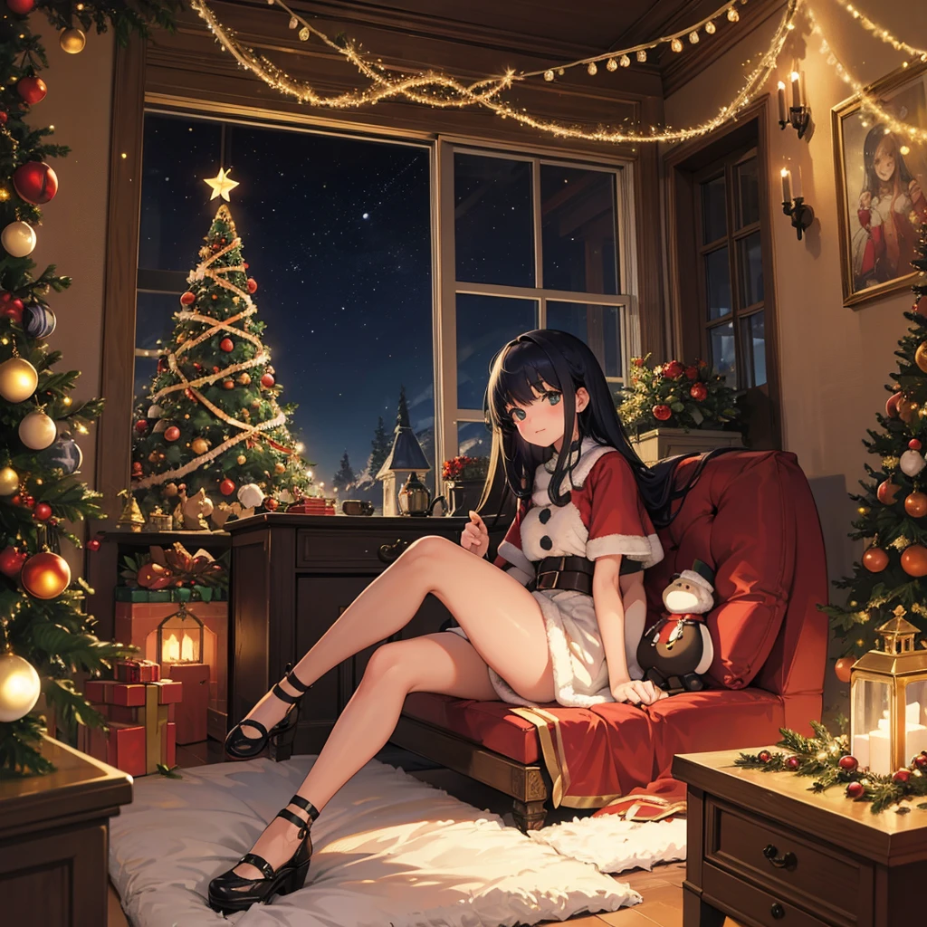 High resolution, Christmas atmosphere, eye-catching, contour map of the interior of St. Christopher's house with 1960s homemade Christmas decorations and lots of lights, sitting girl