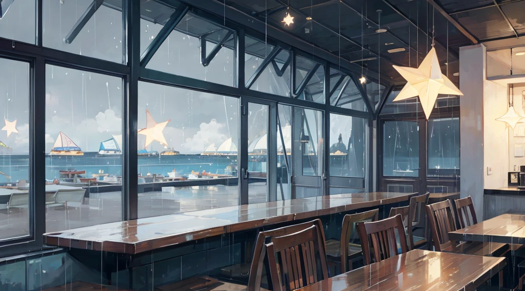 inside the seaside cafe, night time, rain outside the window, star shaped lighting
