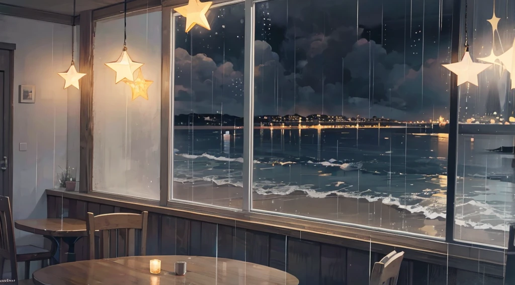 inside the seaside cafe, night time, rain outside the window, star shaped lighting