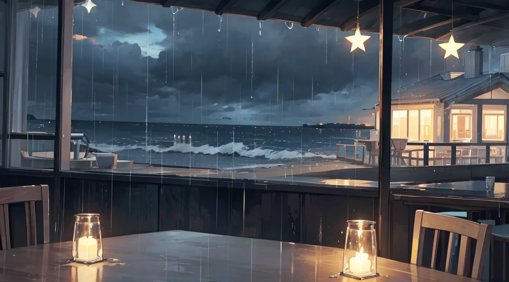inside the seaside cafe, night time, rain outside the window, star shaped lighting