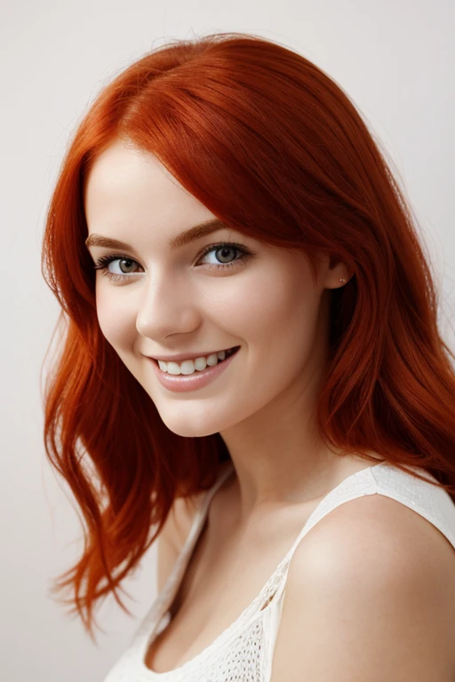 (best quality,ultra-detailed),portrait of a 25-year-old European woman in a cheerful mood, positioned sideways, with medium-length fiery red hair, against a white background, with vibrant colors and sharp focus