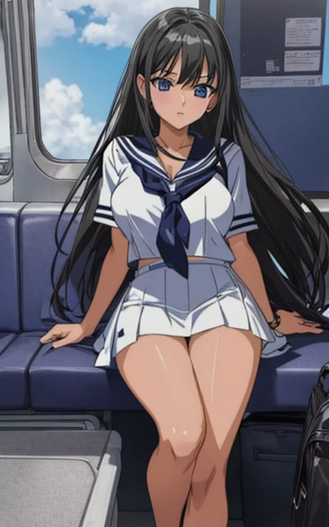 A beautiful woman with long black hair, big breasts, and beautiful legs is wearing a sailor uniform with a white miniskirt, boldly showing off her light blue and blue striped panties, and glaring at an elderly man in a suit on the train.。