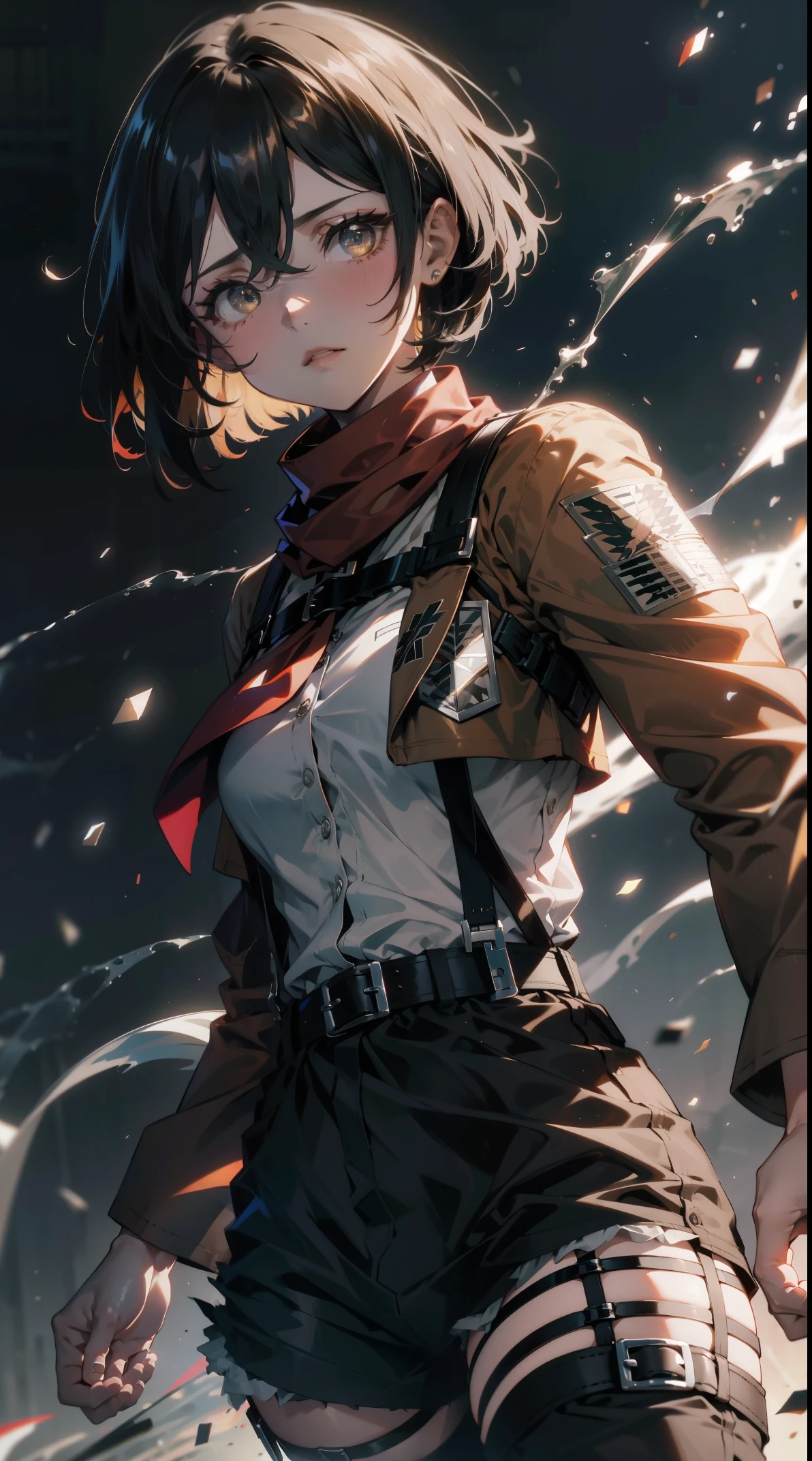Ott style, attack on titan,
Ackerman Mikasa,LOP,Off-the-shoulder outfit 1girl, arm belt, through bangs, black hair color hair, black trouser, , cow boy shooting, Humanity, Green-eyed, greybackground, hair between eye, harness, longer sleeves, looking at viewert, middling , trouser, red neckchief, 围巾, The shirt, Short hair details, smokes, Alone, thigh band, Brown jacket, white The shirt, mission \(badges\)
, ((tmasterpiece)), Best quality
,
