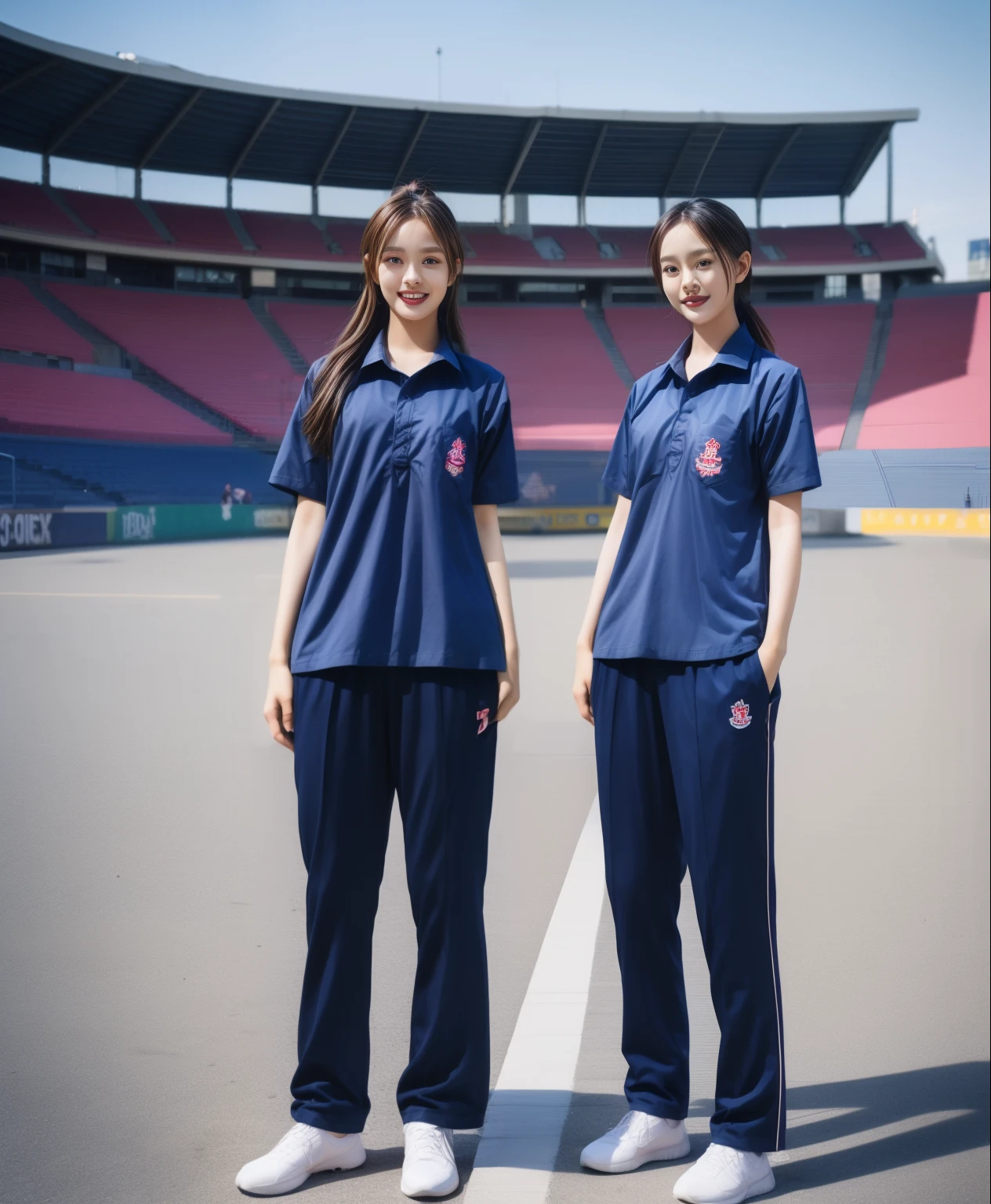 (bestquality,10,10,highres,masterpiece:1.2),ultra-detail,(Realistic,ภาพRealistic,photo-realistic:1.37),1 Cute girl in the football field,oily shiny skin,bara,light smile,BDclothelue shirt:1.3)),short sleeves,shirt, trousers.,(navy_long_ติดตามtrousers:1.1), ((Stadium Background:1.3)),dynamic angle,excited,face focus,Dynamic Poses,from behide,Ass Focus,masterpiece, bestquality, ultra realistic, hyper-detail, 8k resolution, RAW photo, crisp focus, ((Navy blue shirt:1.1)), short sleeves, เส้นทางlong, Complete bodyแบบ, 2 mature women, 18yo, cinematic light,trousersวอร์มสีน้ําเงิน,Gymware,Correct anatomy,Complete body, Correct body, sharp face, Correct bodyทางกายวิภาค, full entire body, Realistic gestures, long-haired, Realistic poses,Wear long shorts.......................................,ช่วงขาlong,Shapely,Sculpting Girl, Slender Figure, mannequin mannequins, Shapely, Beautiful body,trousersวอร์มสีน้ําเงิน, Two girls kissing