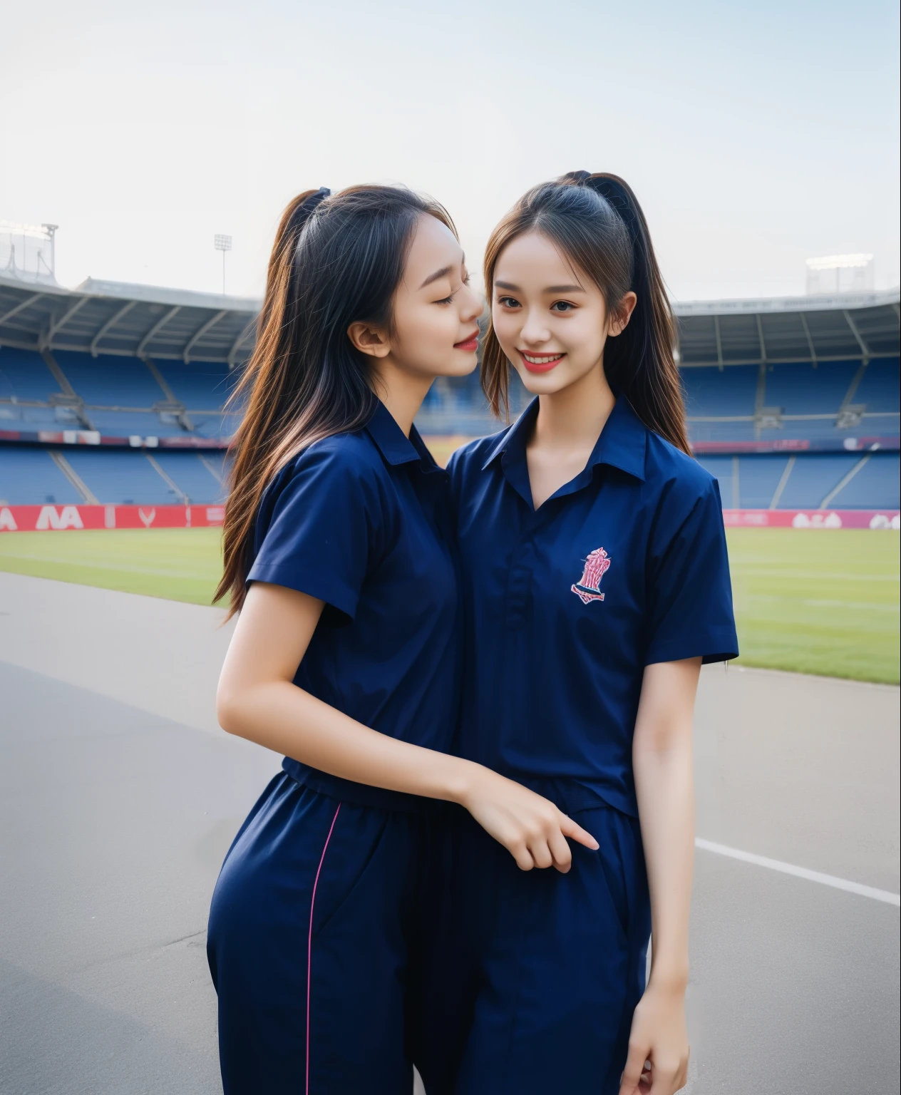 (bestquality,10,10,highres,masterpiece:1.2),ultra-detail,(Realistic,ภาพRealistic,photo-realistic:1.37),1 Cute girl in the football field,oily shiny skin,bara,light smile,BDclothelue shirt:1.3)),short sleeves,shirt, trousers.,(navy_long_ติดตามtrousers:1.1), ((Stadium Background:1.3)),dynamic angle,excited,face focus,Dynamic Poses,from behide,Ass Focus,masterpiece, bestquality, ultra realistic, hyper-detail, 8k resolution, RAW photo, crisp focus, ((Navy blue shirt:1.1)), short sleeves, เส้นทางlong, Complete bodyแบบ, 2 mature women, 18yo, cinematic light,trousersวอร์มสีน้ําเงิน,Gymware,Correct anatomy,Complete body, Correct body, sharp face, Correct bodyทางกายวิภาค, full entire body, Realistic gestures, long-haired, Realistic poses,Wear long shorts.......................................,ช่วงขาlong,Shapely,Sculpting Girl, Slender Figure, mannequin mannequins, Shapely, Beautiful body,trousersวอร์มสีน้ําเงิน, Two girls kissing