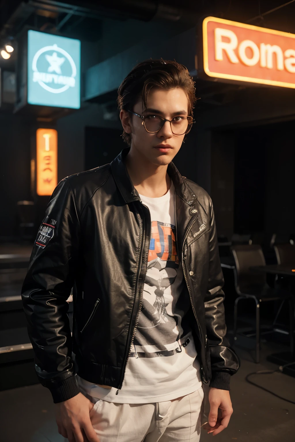 Portrait of a male virtual influencer stands confidently on a futuristic stage surrounded by neon lights. He wears a stylish outfit that perfectly complements his digital persona. The vibrant environment creates an energetic atmosphere, accentuating his charm and influence. The scene is rendered in the vibrant and captivating Pixar 3D style.