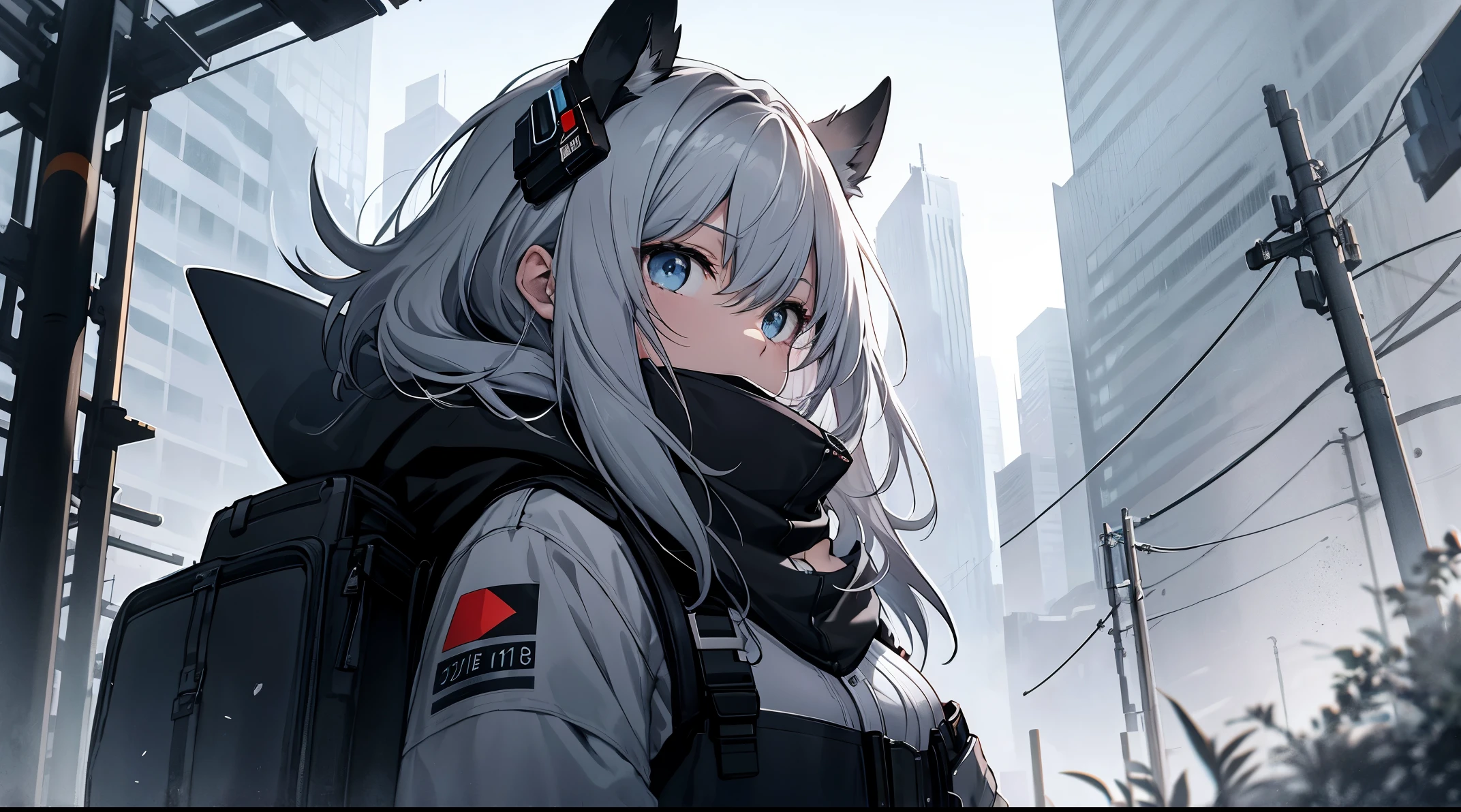 （（tmasterpiece：1.4, Best quality at best））+, （hyper-detailing）+, （delicate blue eyes：1.5）+, （Detailed ears：1.5）, （cute girls）, （Tight white silk：1.5）, Tight white silk, Long hair details，dual horsetail，no headwear，（Black hood：1.2）, pale-skinned, （brown cloth：1.5）, （Black Martin boots：1.4）, Towering trees in the city，Surrounded by huge black trees, The whole city is shrouded in thick fog,Mechanicalweapon， Construction machinery，Giant black crystals are scattered throughout the city，Looking up at tall buildings from the street，Flying dust，black flag，Respiratory masks，（Wanderers：1.1）, （dawn light：1.2）, ）, （closeup cleavage：1.1）, the only person, bright gray hair, Gloom (Expressing the), from the front side, from below, Best quality at best, A high resolution, high detal, high high quality, 16k