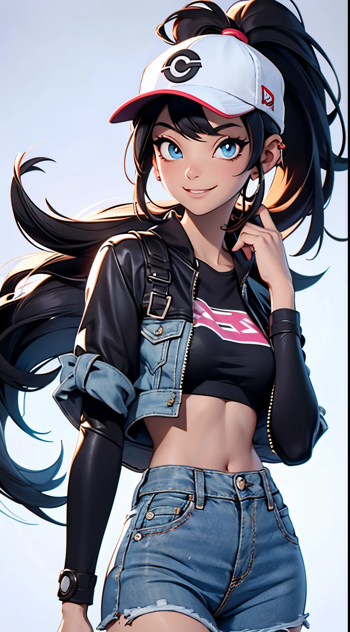(looking at viewer:1.4), portrait, (standing:1.2),(supermodel:1.2), topless, hilda_(pokemon), 1girl, hat, denim, brown_hair, holding, baseball_cap, blue_eyes, long_hair, {{laughing}}, high_ponytail, ponytail, small_breasts, toppless, nude, big smile, (Punk rock fashion), upper body piercing, bedroom, Pokemon_style, pokemon_Characters