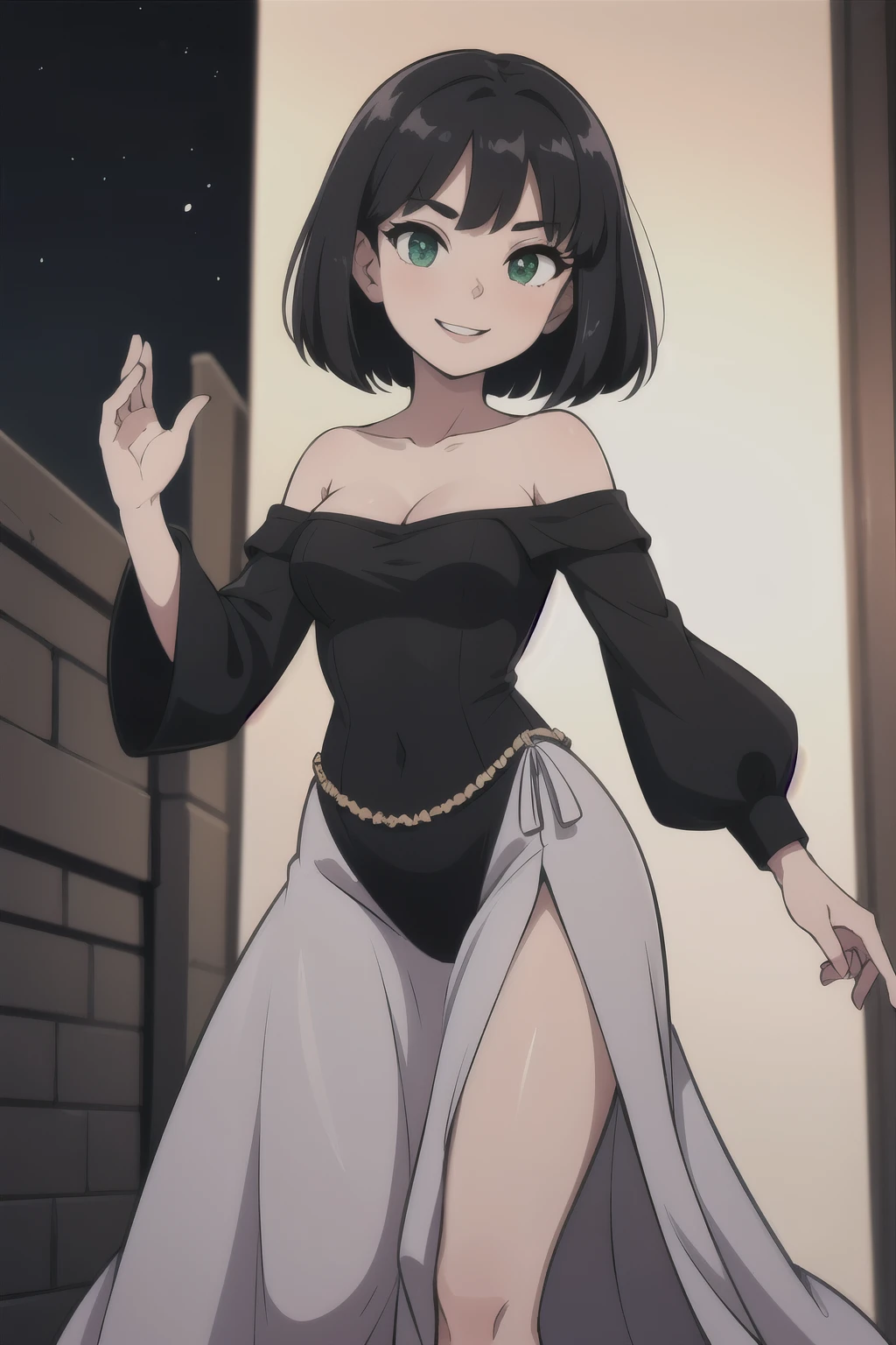 1 girl, Teenage, Black hair, Short black hair, Medium Hair, Bob Hair, Green eyes, off shoulder dress, Flamenco Dress, Flamenco dancer, long skirt, Smile, the city street, Sexy, nighttime, masterpiece, High quality, better lighting.