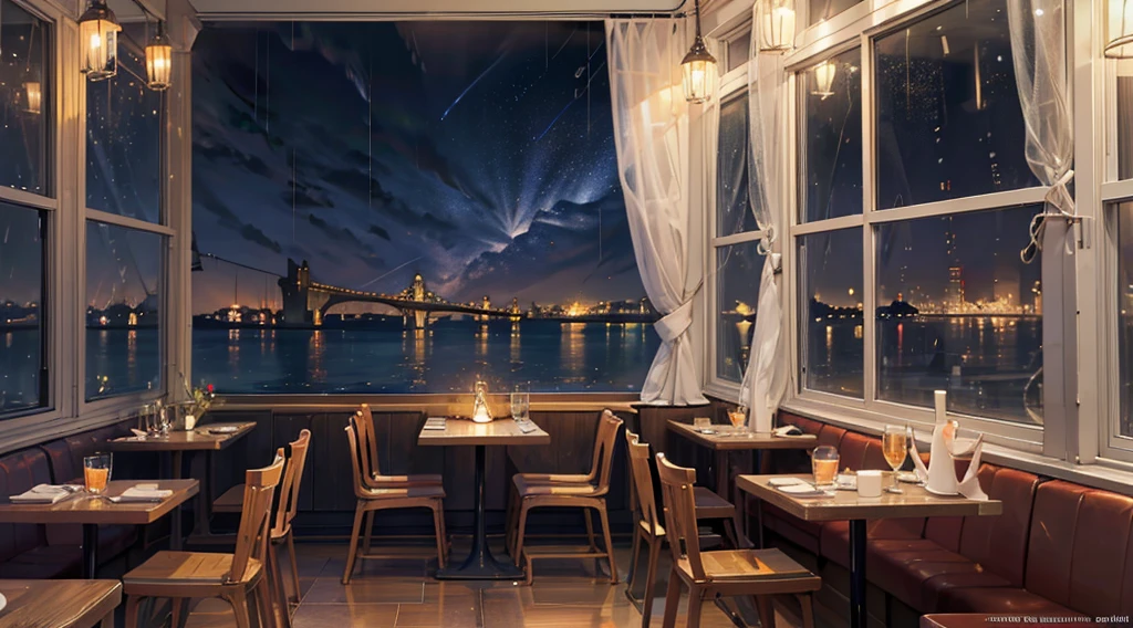 inside the seaside cafe, night time, rain outside the window, star shaped lighting
