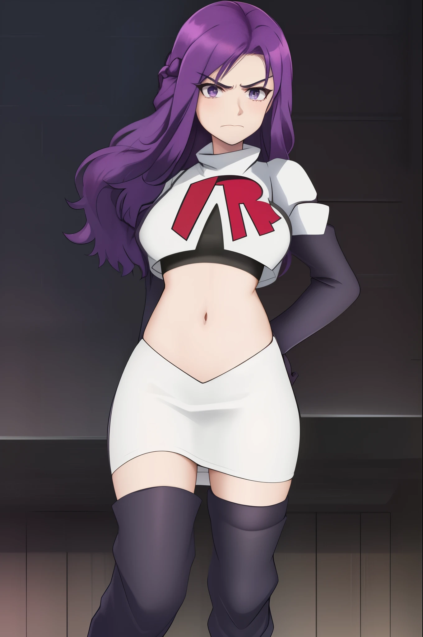 leane, 1girl, solo, long_hair, bangs, closed_mouth, purple_eyes, purple_hair, v-shaped_eyebrows, frown, team rocket, team rocket uniform, red letter R, white skirt, white crop top, black thigh-high boots, black elbow gloves,