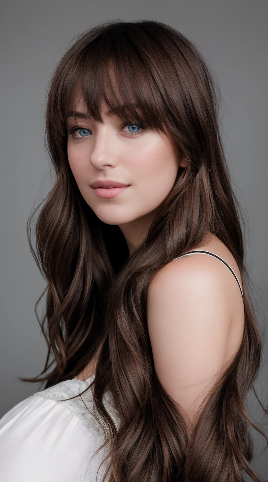 a Realistic photo of a d4k0t4 woman, long hair, looking at viewer, blue eyeackground, brown hair, white background, closed mouth, portrait, realistic, soft lighting, professional Photography, Photorealistic, detailed, inside a dark Studio Room background, blurred background, RAW, analog, sharp focus, 8k, HD, DSLR, high quality, Fujifilm XT3, film grain, award winning, masterpiece