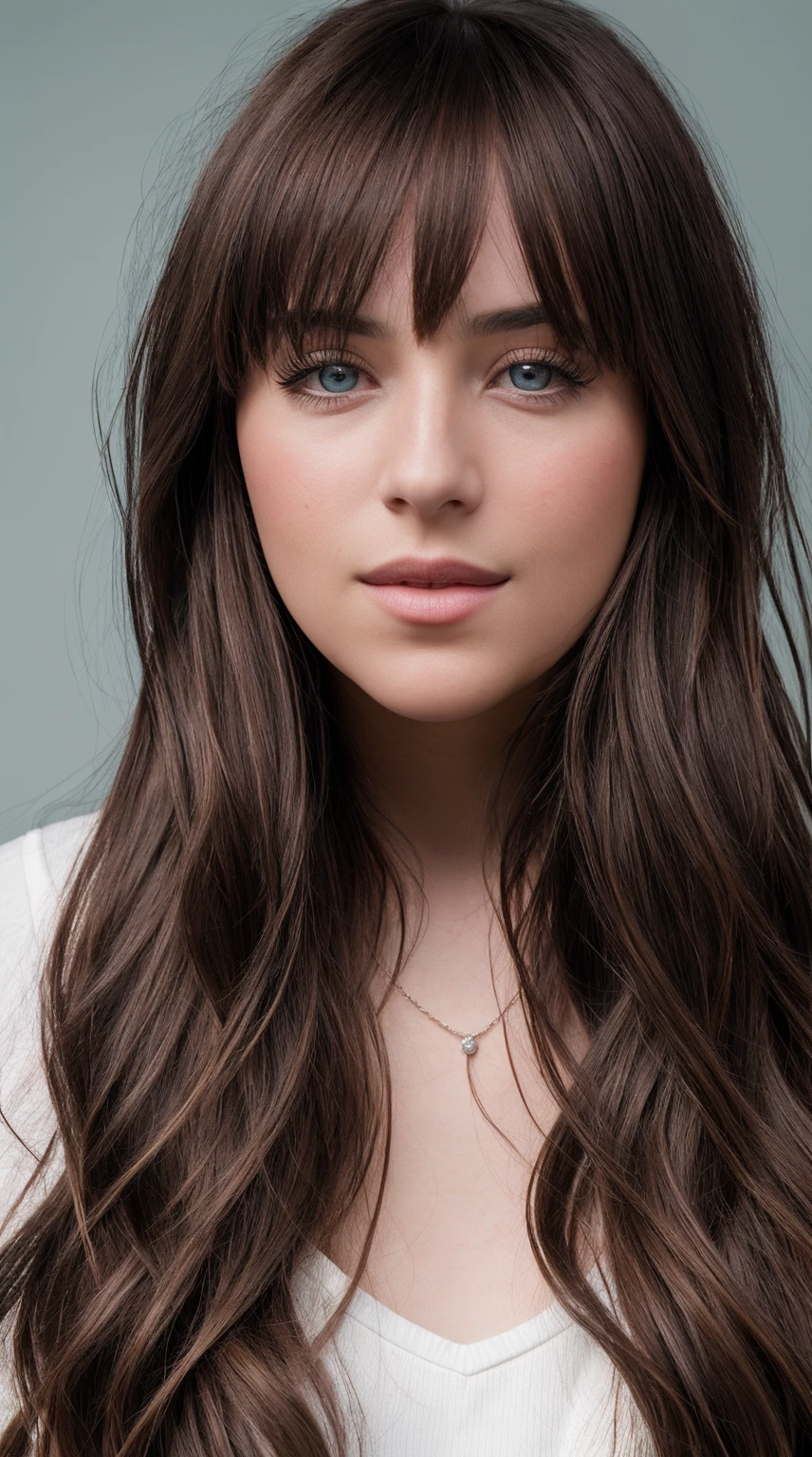 a Realistic photo of a d4k0t4 woman, long hair, looking at viewer, blue eyeackground, brown hair, white background, closed mouth, portrait, realistic, soft lighting, professional Photography, Photorealistic, detailed, inside a dark Studio Room background, blurred background, RAW, analog, sharp focus, 8k, HD, DSLR, high quality, Fujifilm XT3, film grain, award winning, masterpiece