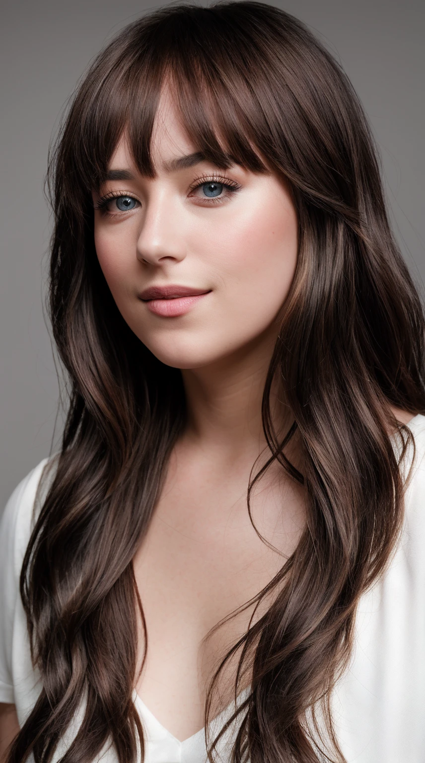 a Realistic photo of a d4k0t4 woman, long hair, looking at viewer, blue eyeackground, brown hair, white background, closed mouth, portrait, realistic, soft lighting, professional Photography, Photorealistic, detailed, inside a dark Studio Room background, blurred background, RAW, analog, sharp focus, 8k, HD, DSLR, high quality, Fujifilm XT3, film grain, award winning, masterpiece